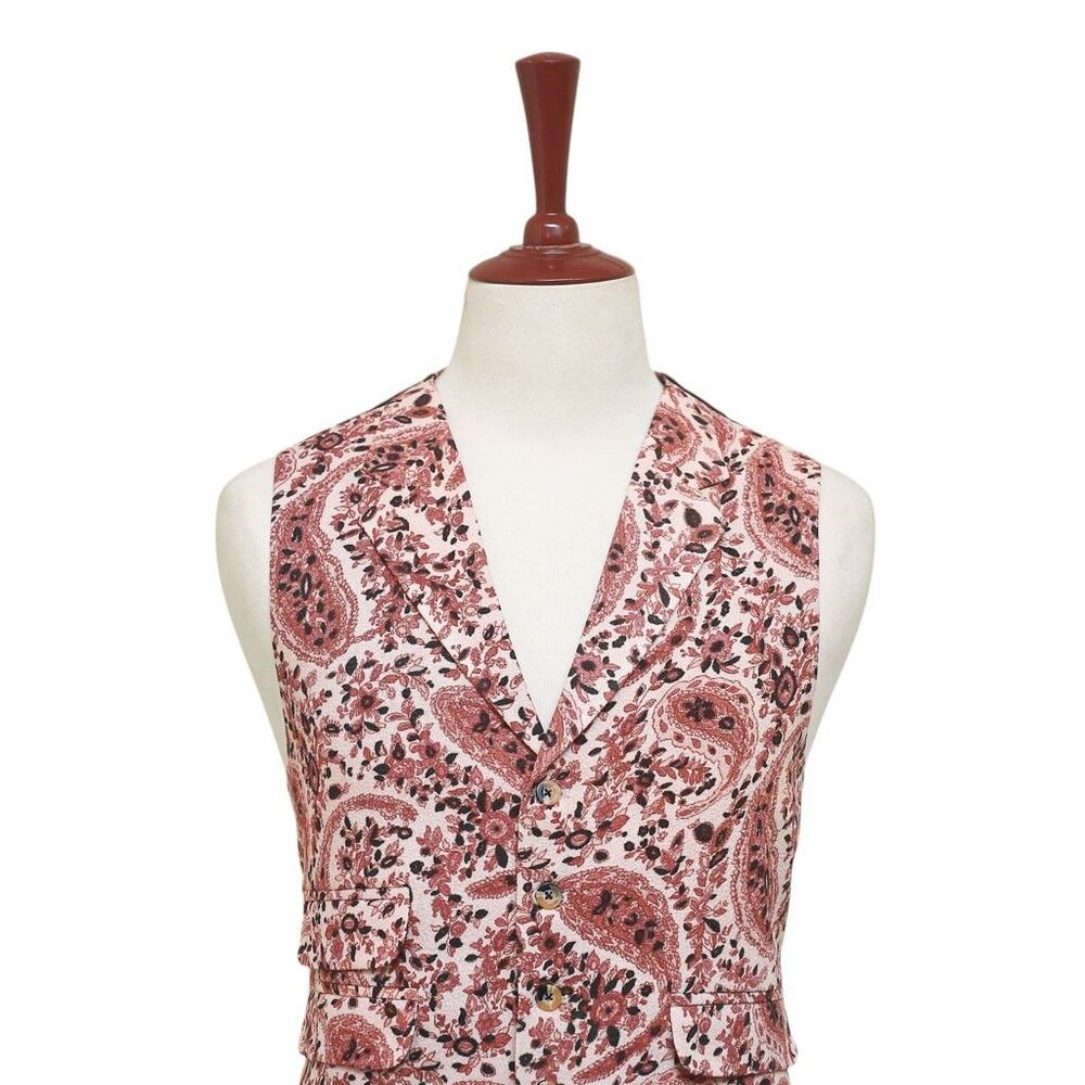 Mens Paisley Vest 44R Red Beige Waistcoat XL Formal Wedding Prom Party Groom - Picture 4 of 9